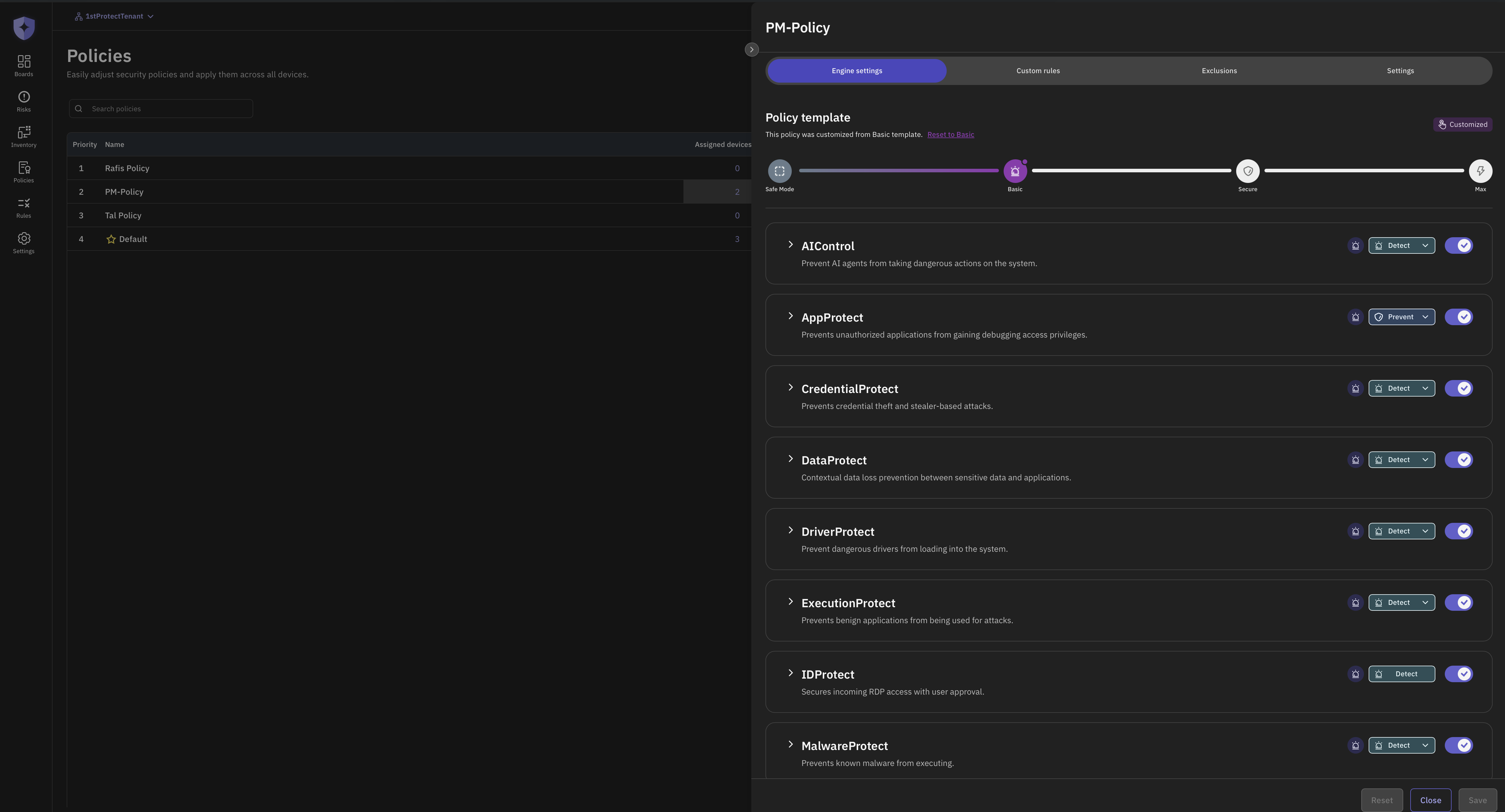1stProtect policy editor showing policy template and runtime engines used to bound coding agent actions.