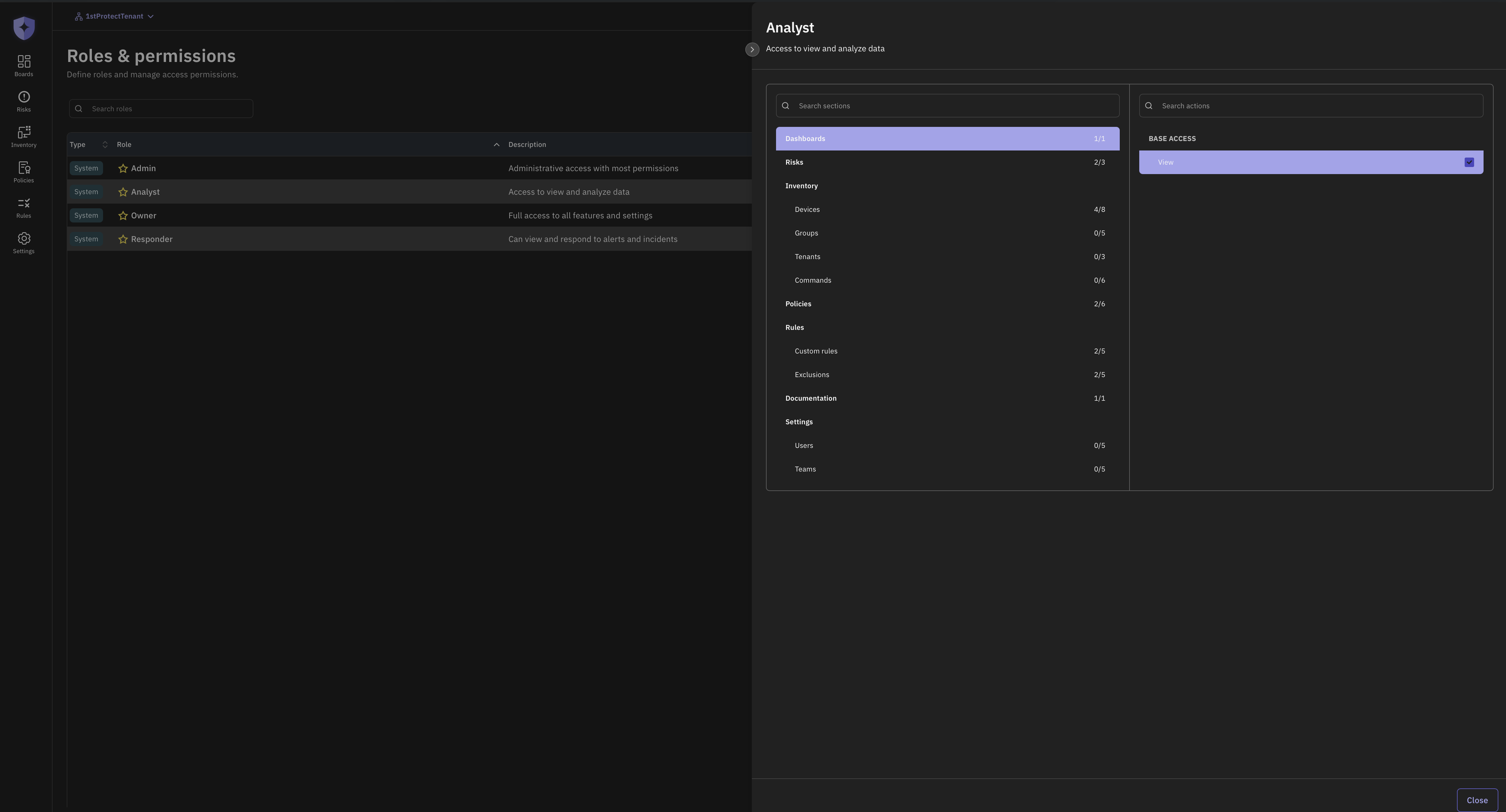 1stProtect roles and permissions console showing Admin, Analyst, Owner, and Responder role definitions with user counts.